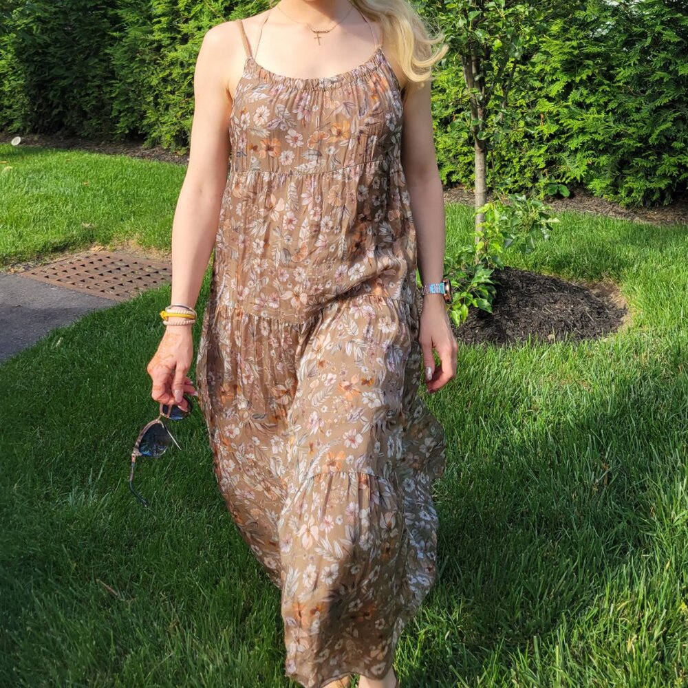 Elegant Summer Elena Baldi Silk brown Tan Floral Sundress MADE IN ITALY